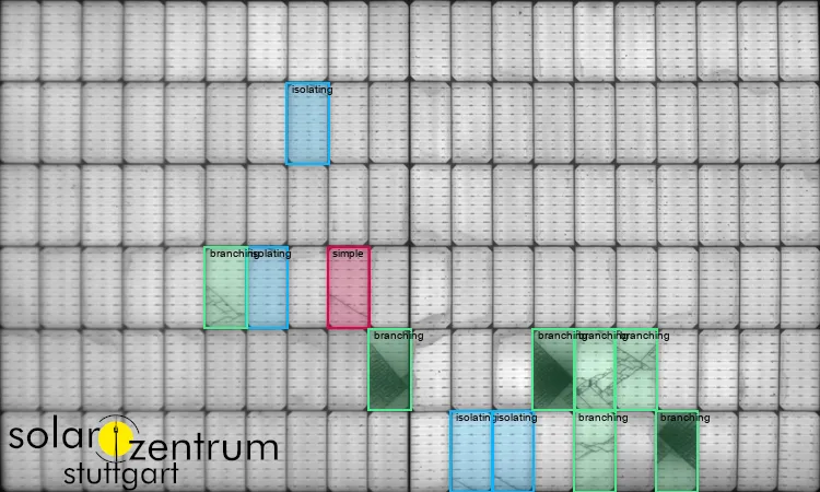 Ausgewertetes Elektrolumineszenzbild eines PV-Moduls mit markierten Schäden