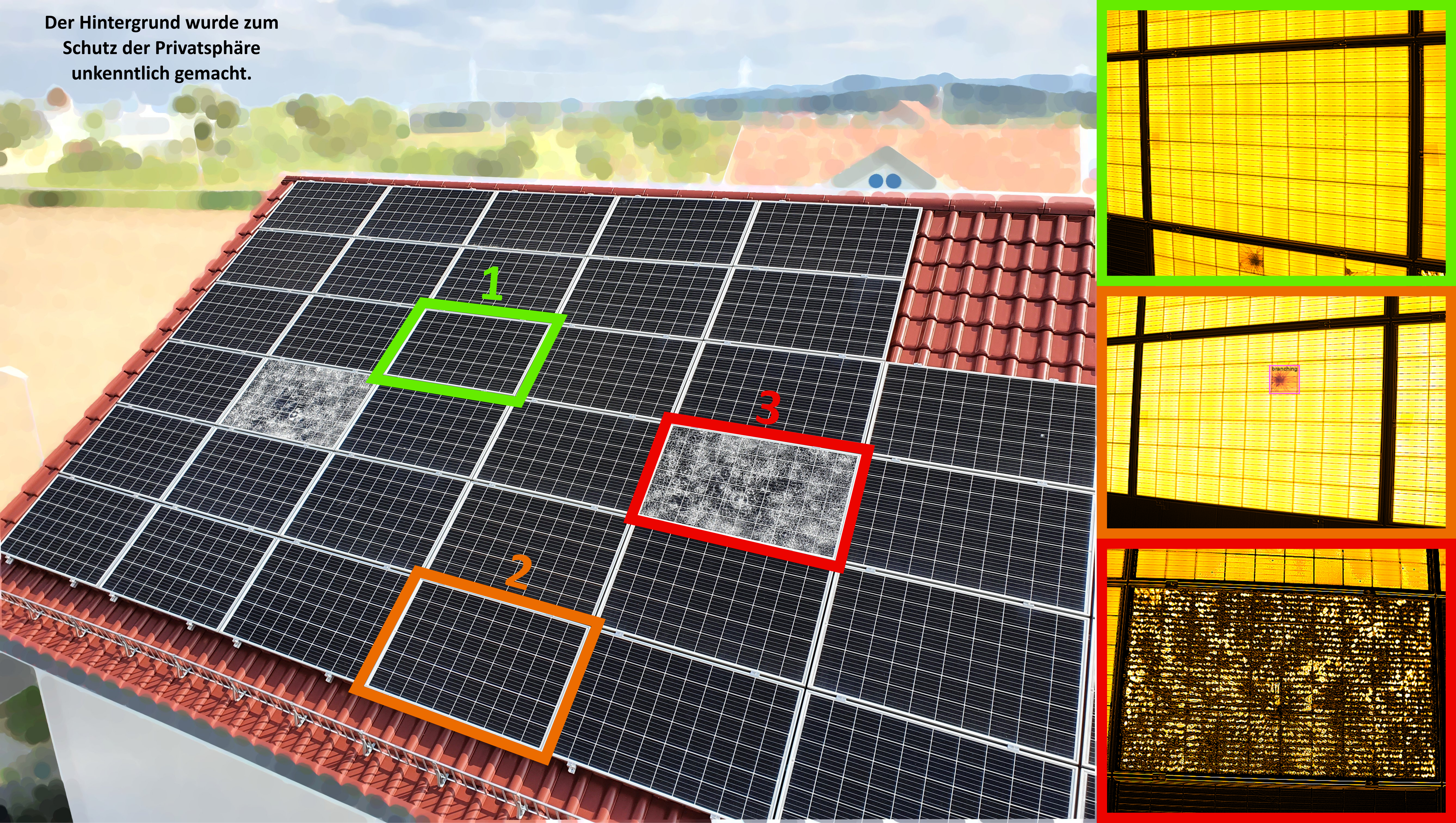 Solaranlage mit defekten Modulen und Zellrissen nach einem Hagelschlag