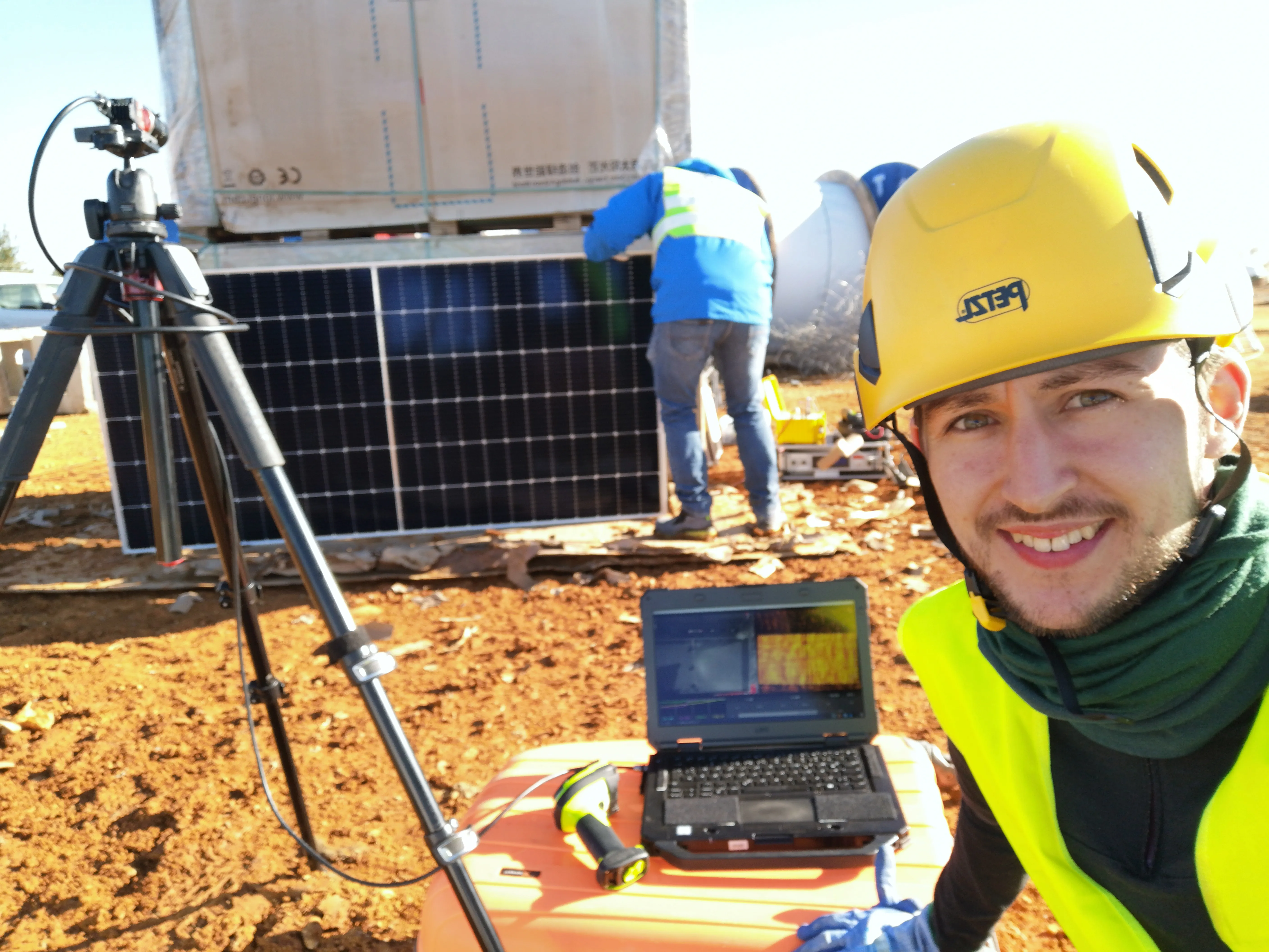 Daylight Electroluminescence inspection of a PV-Module on a pv-plant to check on cell defects